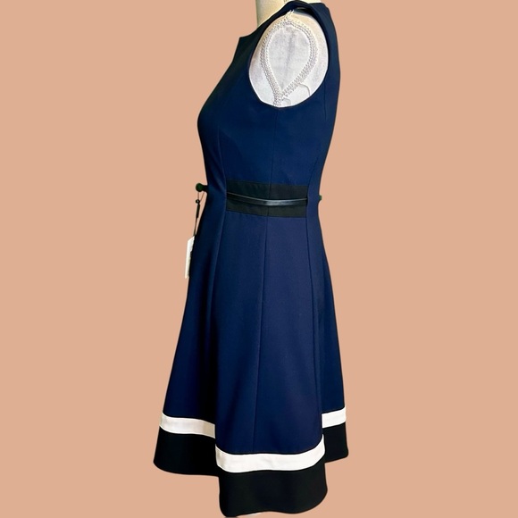 NWT Calvin Klein Fit & Flare Colorblock Belted Dress in Navy Blue & Black Stripe - Picture 9 of 16
